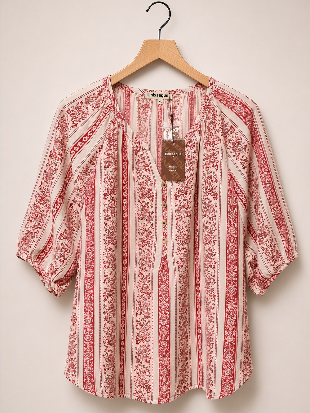 Unixseque Boho Red & Cream Split-Neck Floral Stripe Blouse (rack)